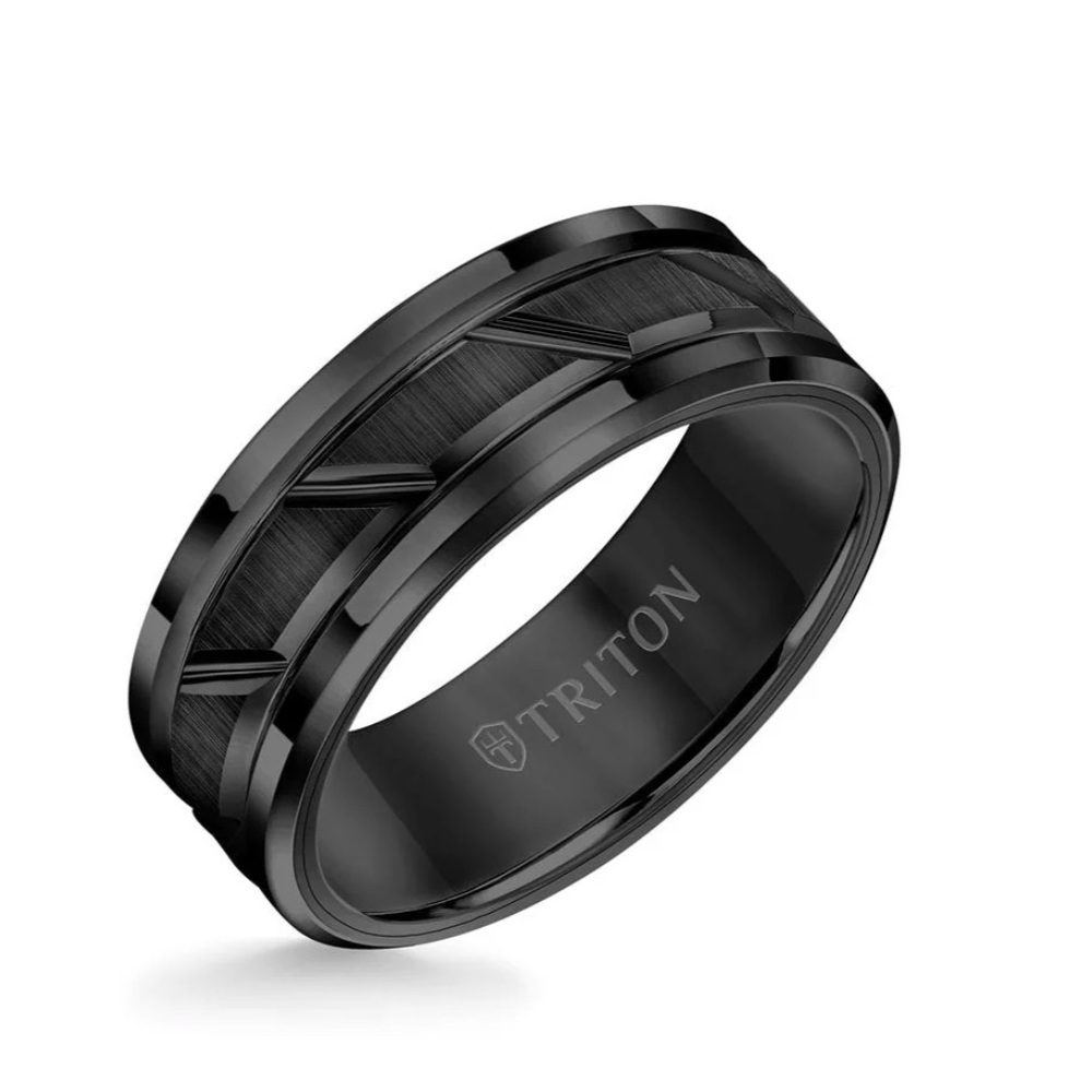 Men’s Triton 8 MM Tungsten Carbide Ring Diagonal Cut Center & Step Edge size 10
